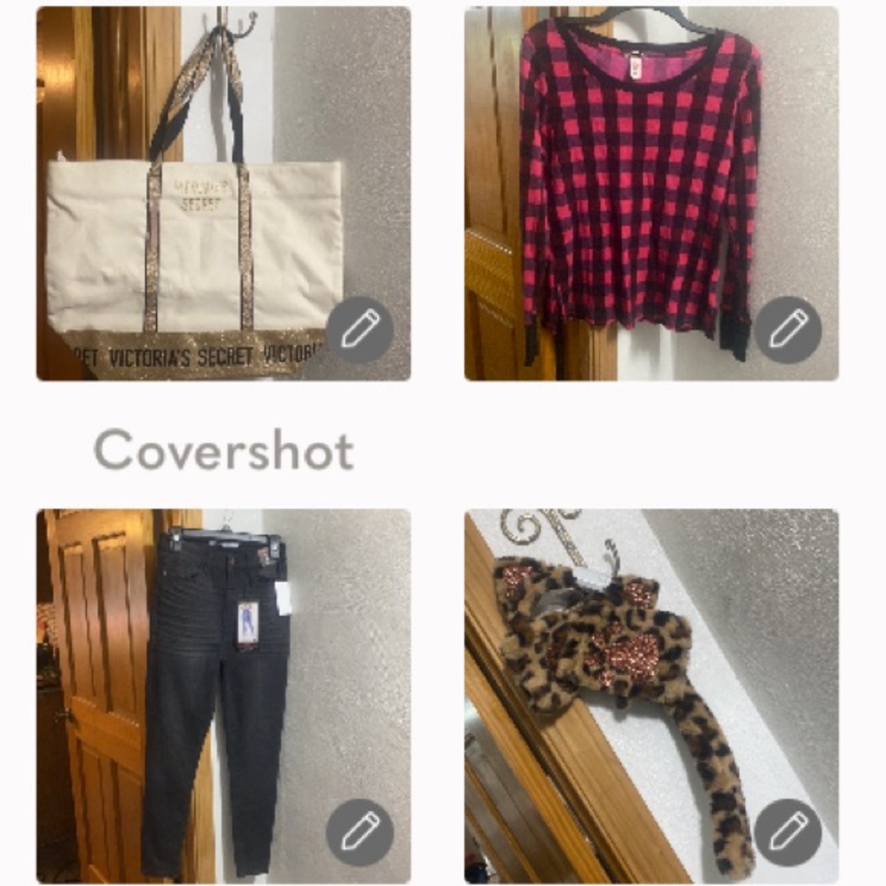 VS gold/sparkle bag 18x13x7D+top szM+skinny jeans sz7+ 🐈‍⬛cat 3p set